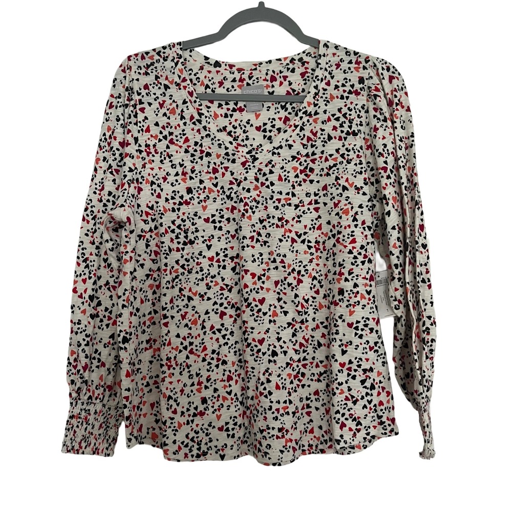 Chico's Hearts Drama Knit Top Size 1 M New Long Sleeve V-Neck Smocked Valentine